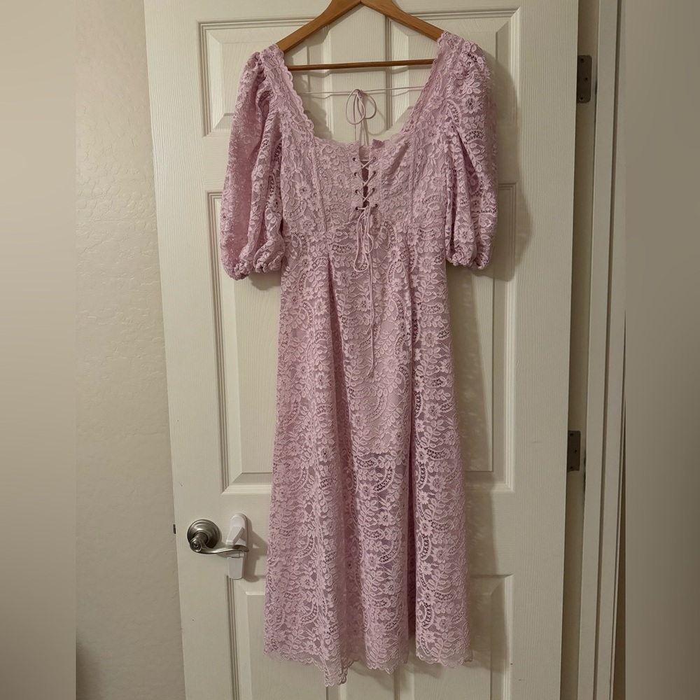 For Love & Lemons Lavender Lace Puff Sleeve Midi Dress Sz Small NWT